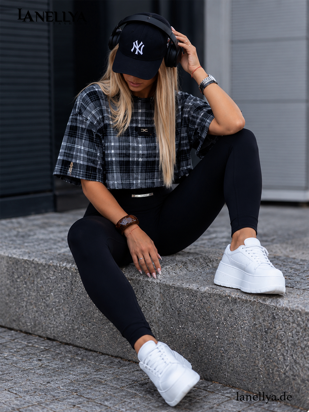 La Monne Damen High Waist Leggings Schwarz gerippt S–L