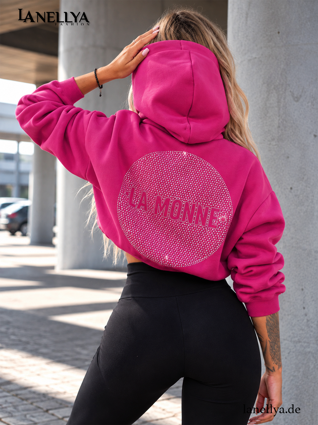 La Monne Damen Hoodie Fuchsia mit großem Glitzer Logo auf dem Rücken