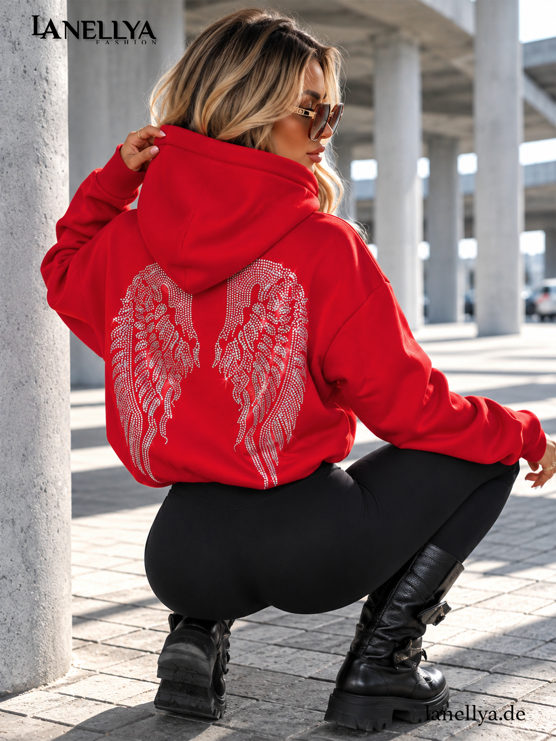 La Monne Damen Hoodie Rot aus Baumwollmix mit Rückenmotiv S–XL