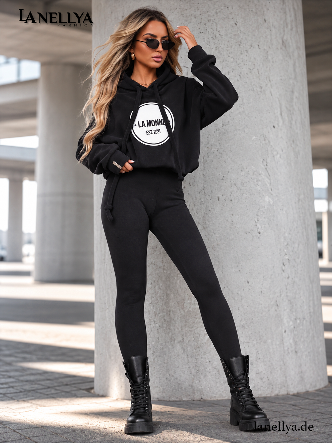 La Monne Damen Hoodie Schwarz mit Kapuze und langen Ärmeln S–XL
