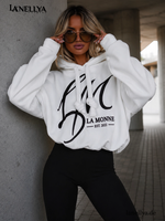 La Monne Damen Hoodie Weiß mit großem schwarzem Frontprint