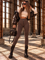 La Monne Damen Leggings Mocca mit gerippter Struktur, hohem Bund und dekorativem Front-Reißverschluss