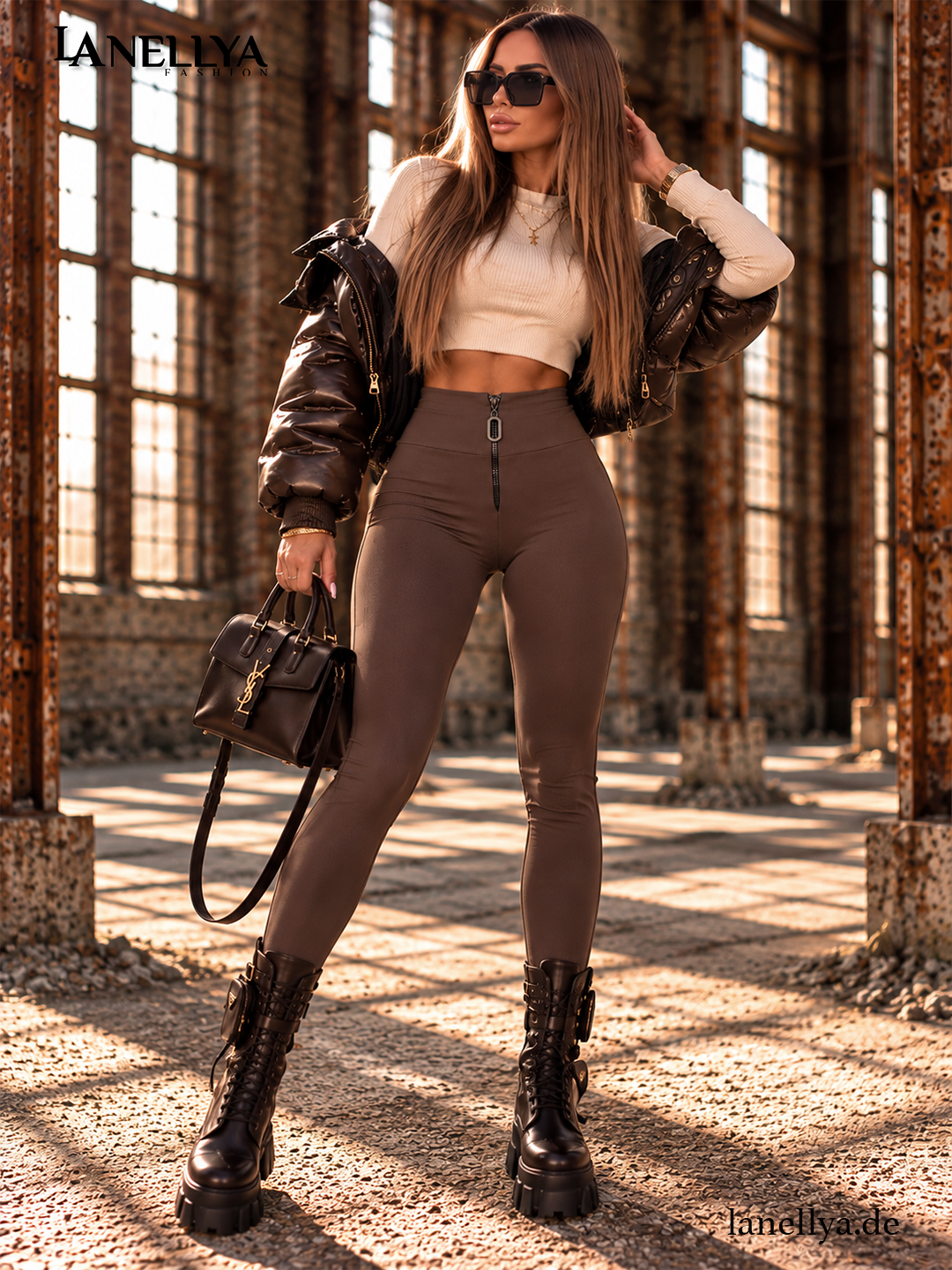 La Monne Damen Leggings Mocca mit gerippter Struktur, hohem Bund und dekorativem Front-Reißverschluss