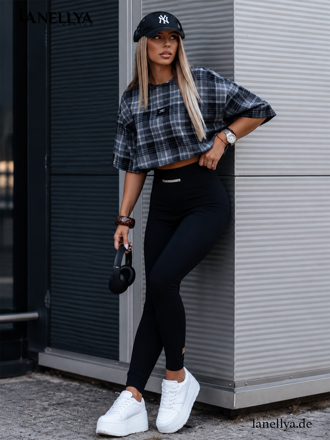 La Monne Damen Leggings Schwarz gerippt mit High Waist Bund S–L