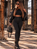 La Monne Damen Leggings Schwarz mit hoher Taille, feiner Rippstruktur und dekorativem Front-Reißverschluss