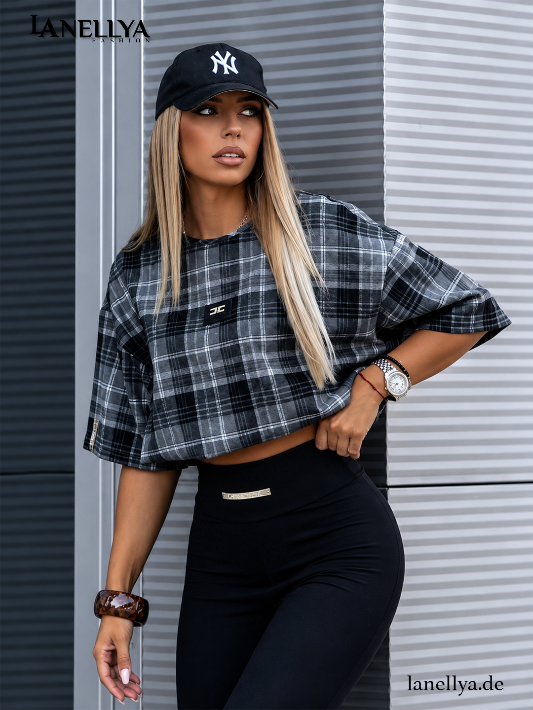 La Monne Damen Oversize Bluse Schwarz Grau im Karomuster