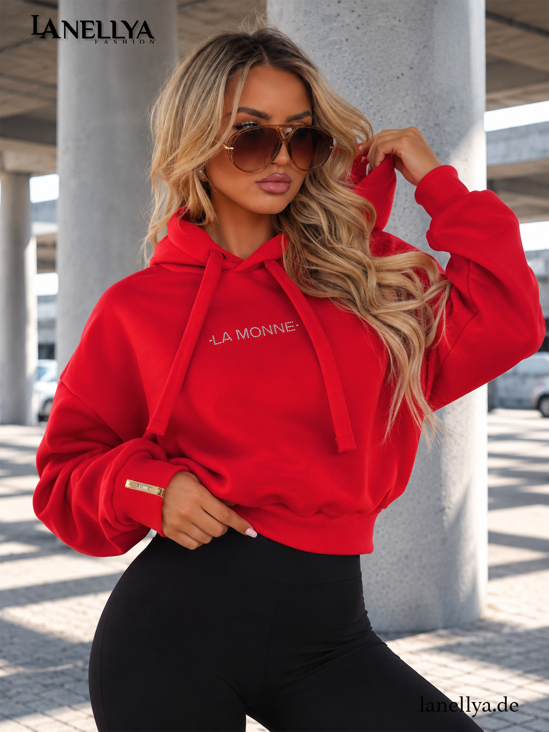 La Monne Damen Sweatshirt Rot mit Kapuze und Logo vorne S–XL