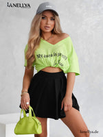 La Monne Damen T Shirt Neon Grün V Ausschnitt Statement Print
