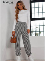Laki Couture Damen Hose in Schwarz-Weiß mit Streifenmuster und elastischem Bund