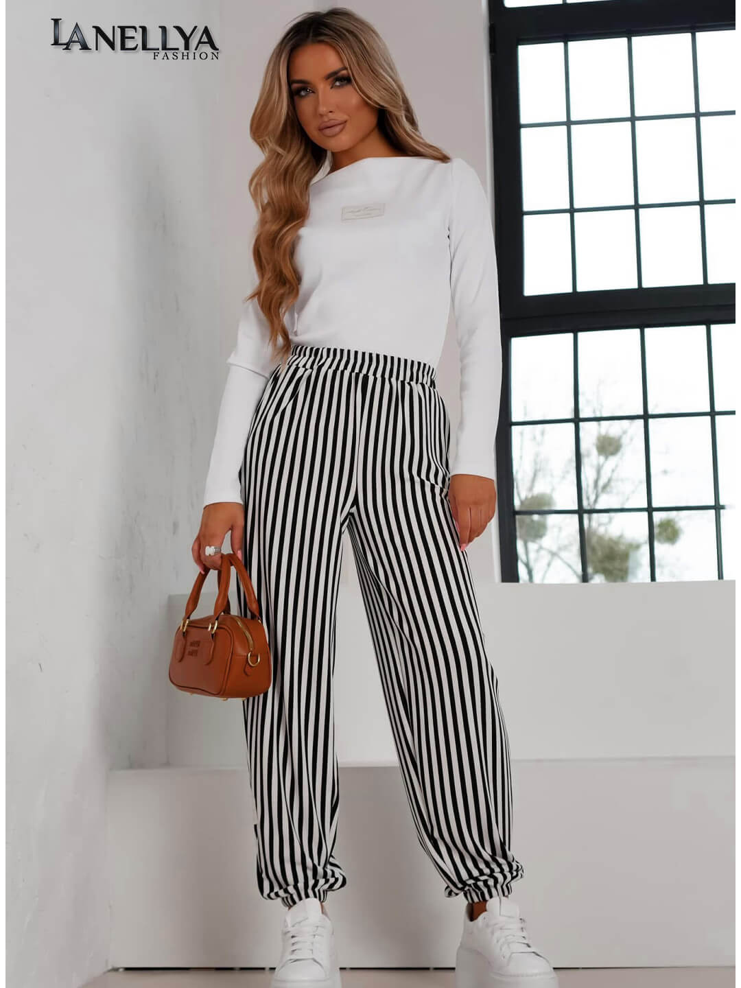 Laki Couture Damen Hose in Schwarz-Weiß mit Streifenmuster und elastischem Bund