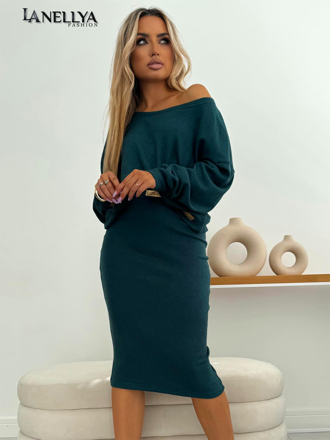 Laki Couture Damen Komplett Set in Dunkelgrün – Kleid mit Oversize Top