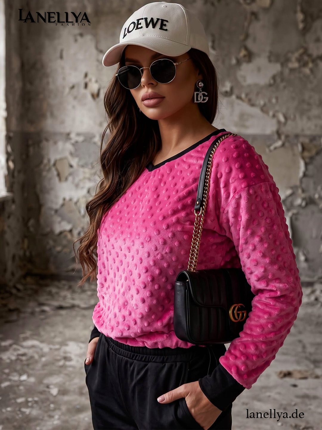 Laki Damen Komplett Set Pink Schwarz aus weichem Velours