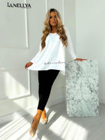 Laki Damen Komplett Set mit weißem Longshirt und schwarzen Leggings