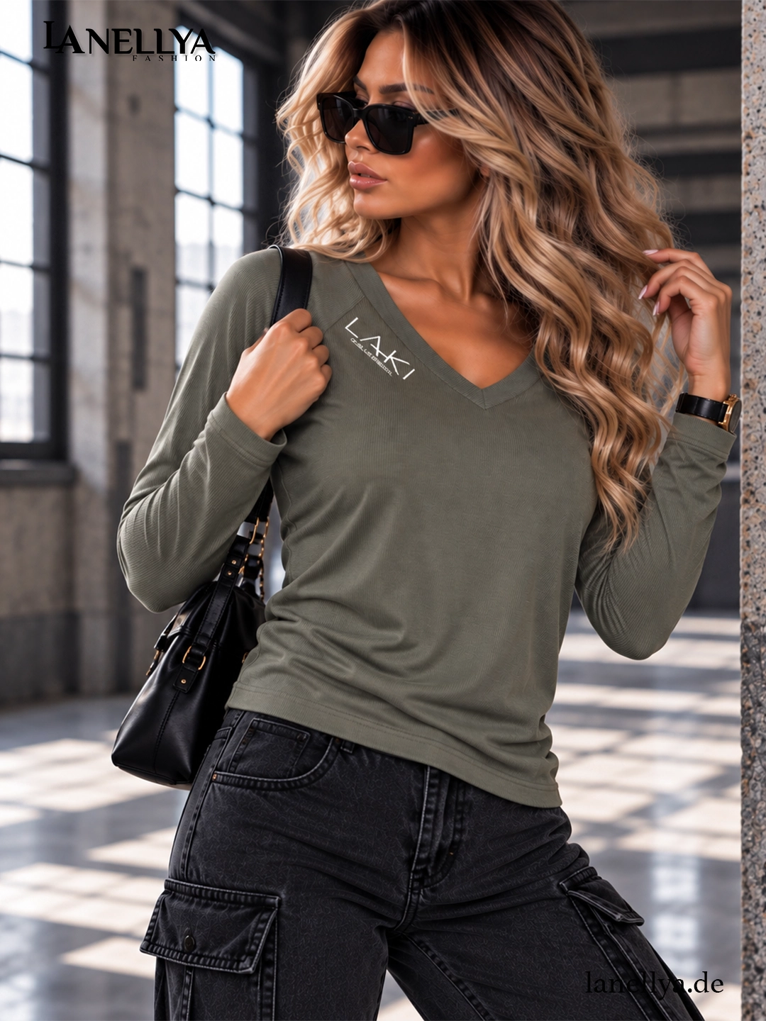 Laki Damen Oberteil  Langarm mit V-Neck S bis L