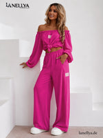 Laki Damen Zweiteiler Pink mit Off Shoulder Oberteil und Wide Leg Hose