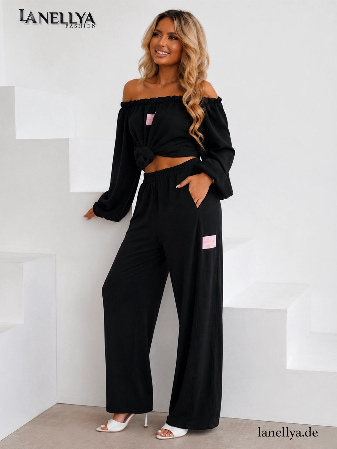 Laki Damen Zweiteiler Schwarz mit Off Shoulder Oberteil und Wide Leg Hose