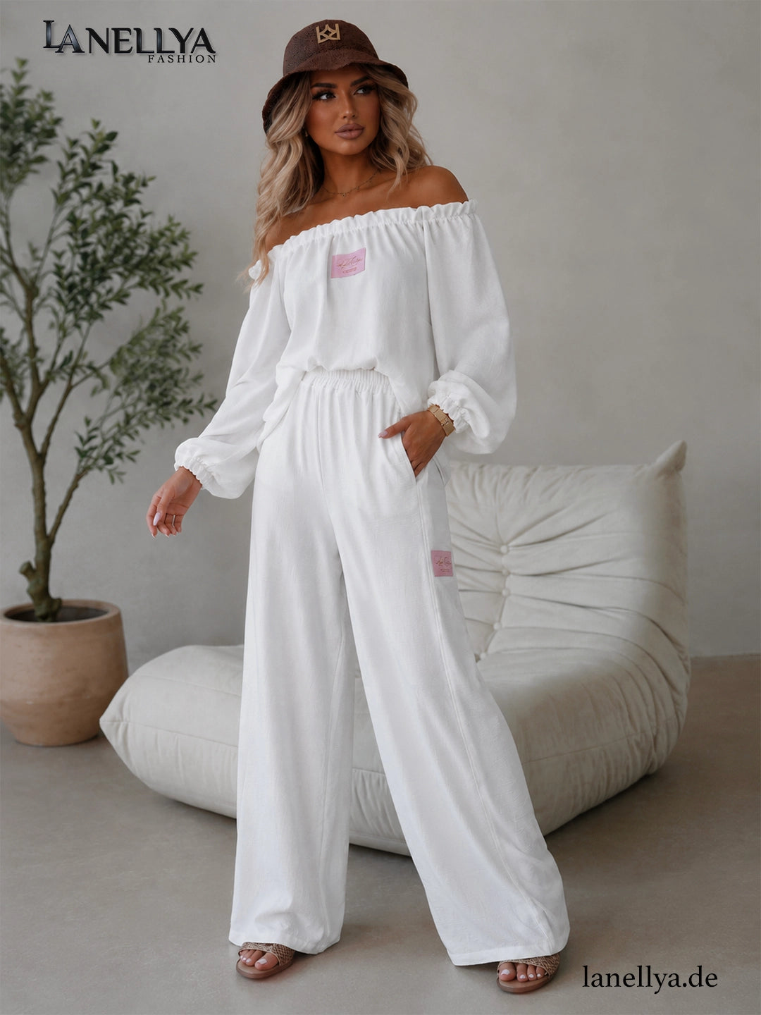 Laki Damen Zweiteiler Weiß mit Off Shoulder Oberteil und Wide Leg Hose
