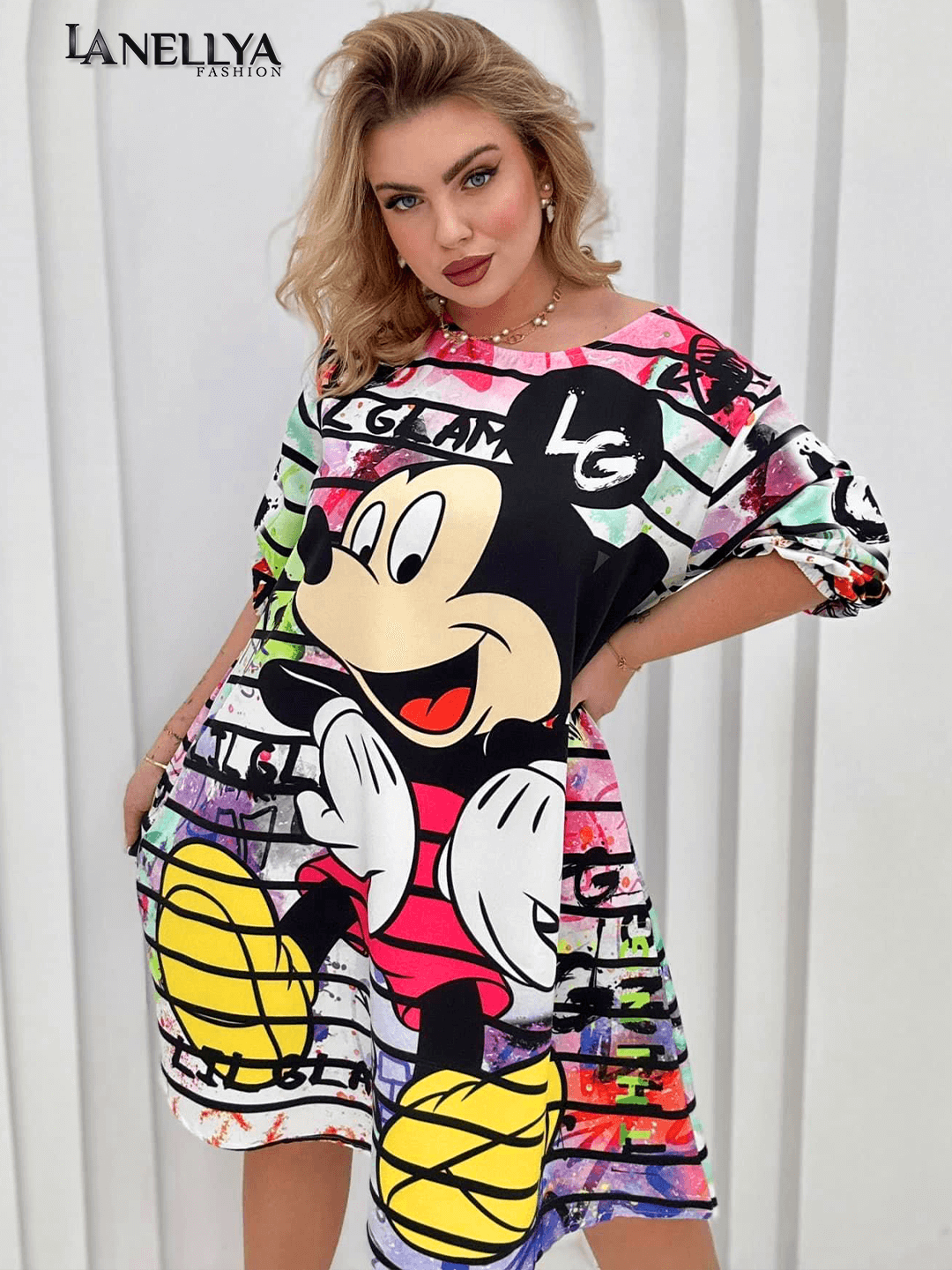 Lil Glam Damen Kleid oversize – Shirtkleid mit Comic Pop-Art Print