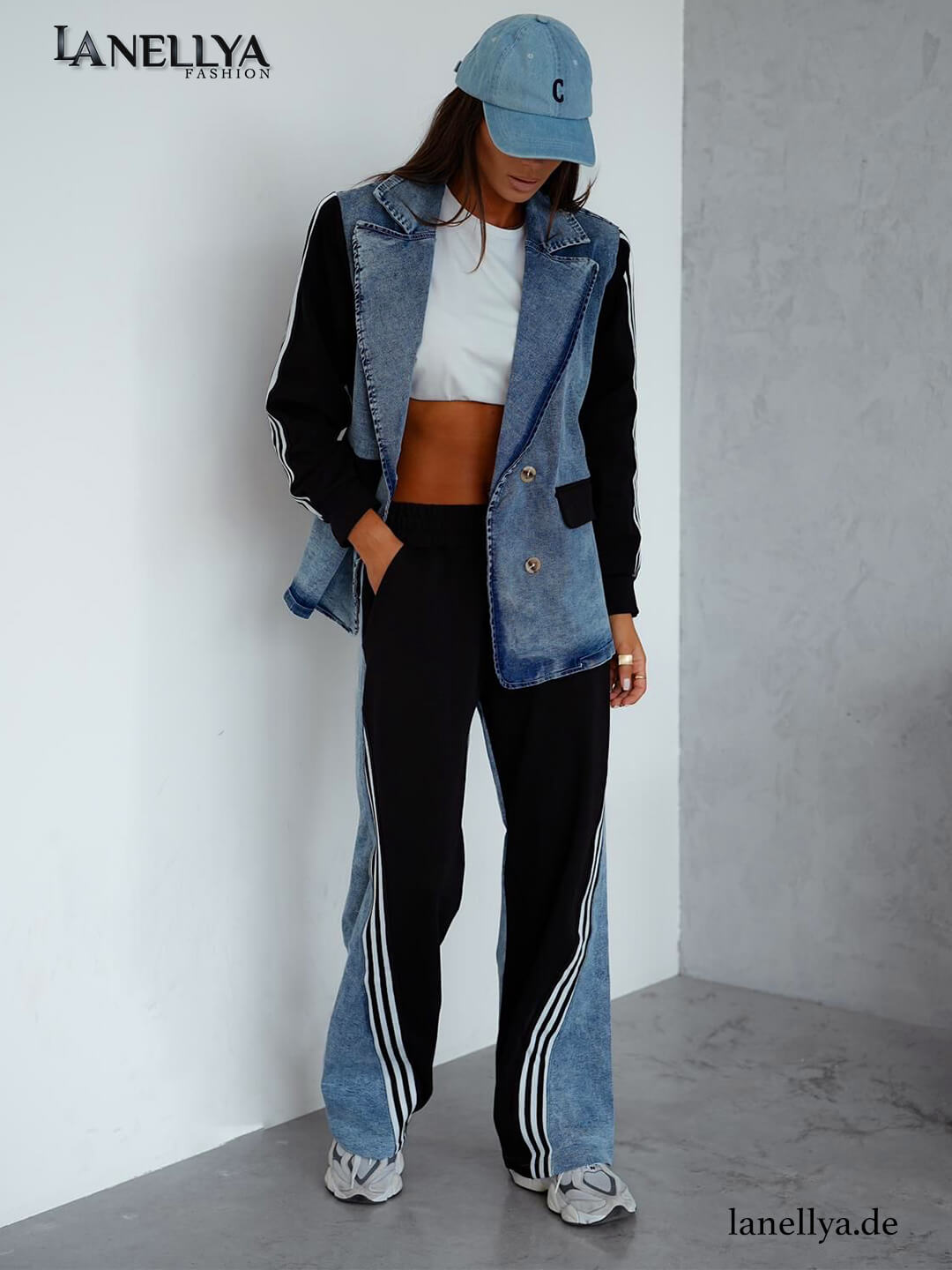 Lil Glam Damen Komplett-Set mit Denim Blazer und Streifenhose