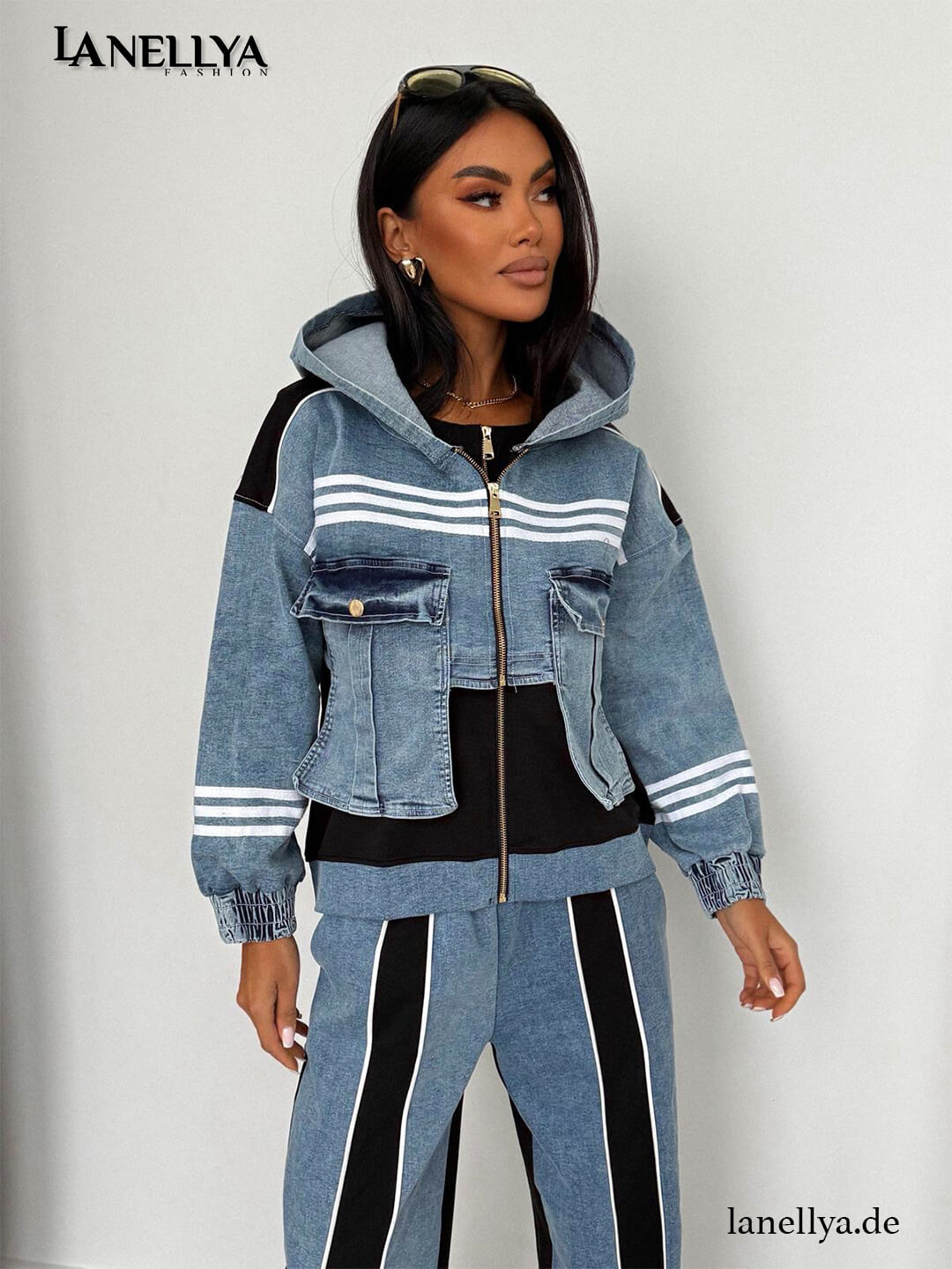 Lil Glam Damen Komplett Set Blau mit Jacke und Hose Denim Streetstyle