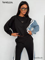 Lil Glam Damen Komplett Set Schwarz mit Denim Details