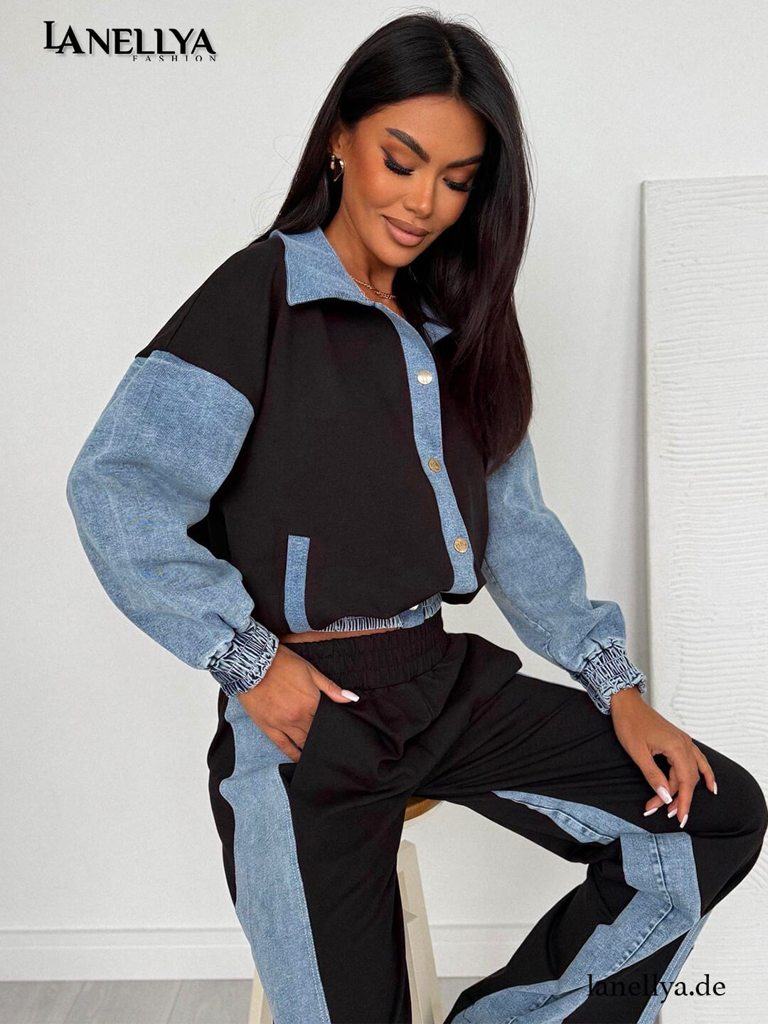 Lil Glam Damen Komplett Set mit Jeans-Details – Frontansicht