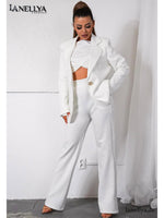 Lil Glam Damen Set Weiß Blazer High Waist Hose Glam Details