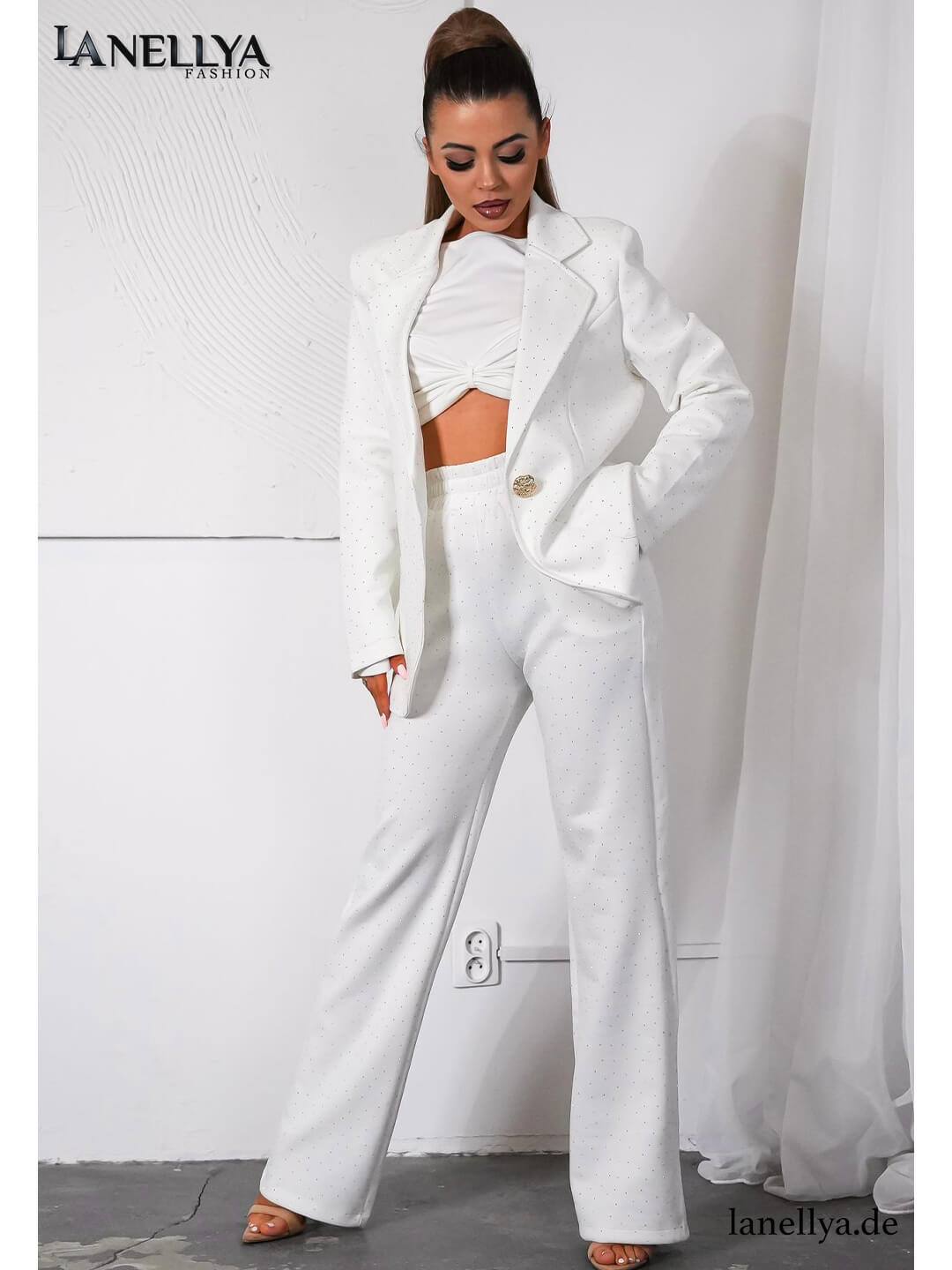 Lil Glam Damen Set Weiß Blazer High Waist Hose Glam Details