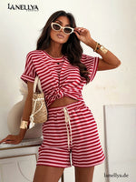 Lil Glam Damen Sommer Set Streifen Rot-Weiß mit Oversize Shirt und Shorts