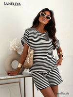 Lil Glam Damen Sommer Set Streifen Schwarz-Weiß mit Oversize Shirt und Shorts