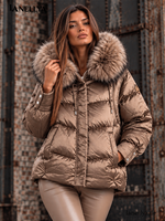 Liza Bruce Damen Jacke Mokka mit Kapuze und Fellkragen