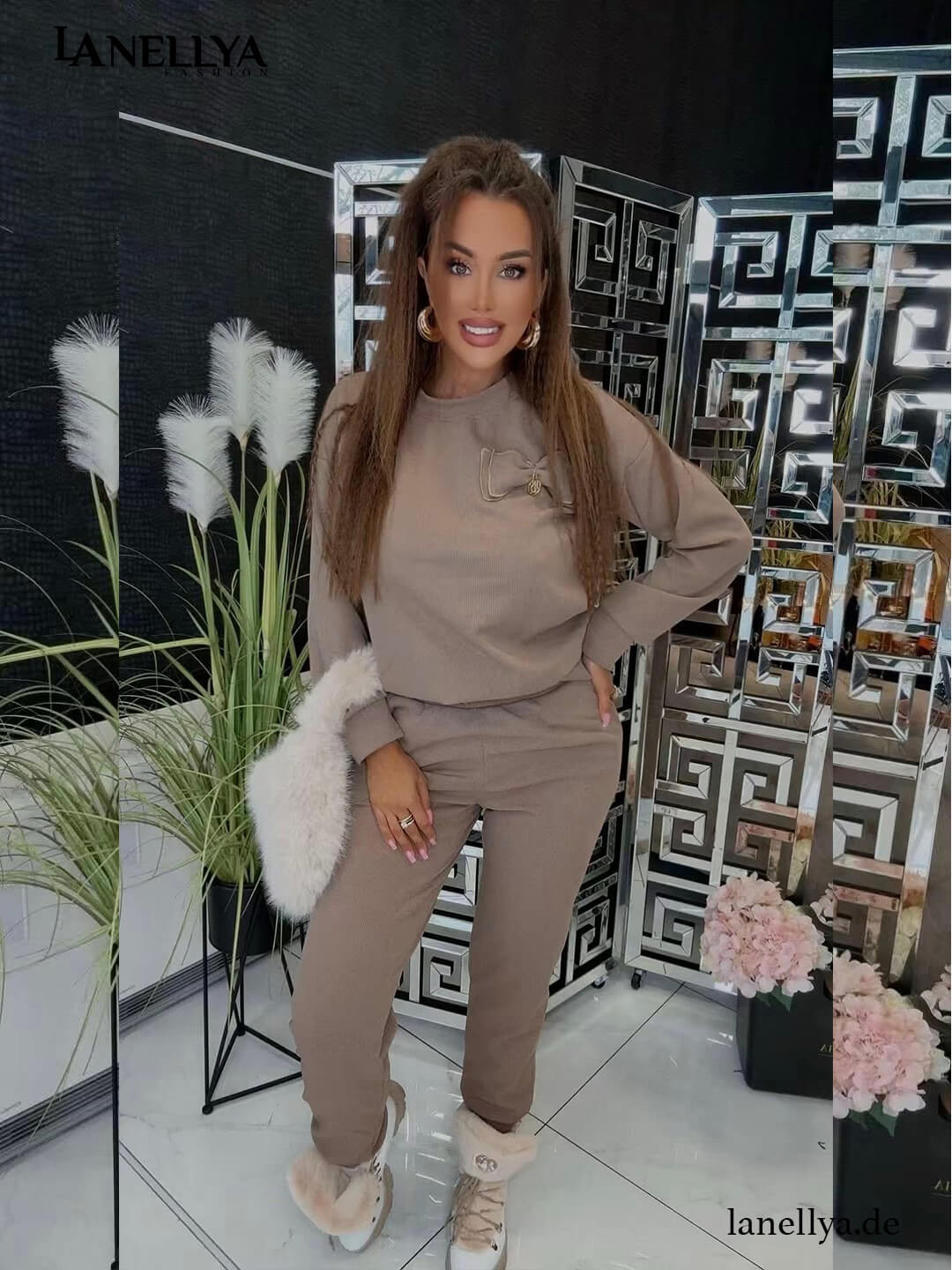 Lola Bianka Bequemes Damen Loungewear Set in Taupe für Alltag und Freizeit