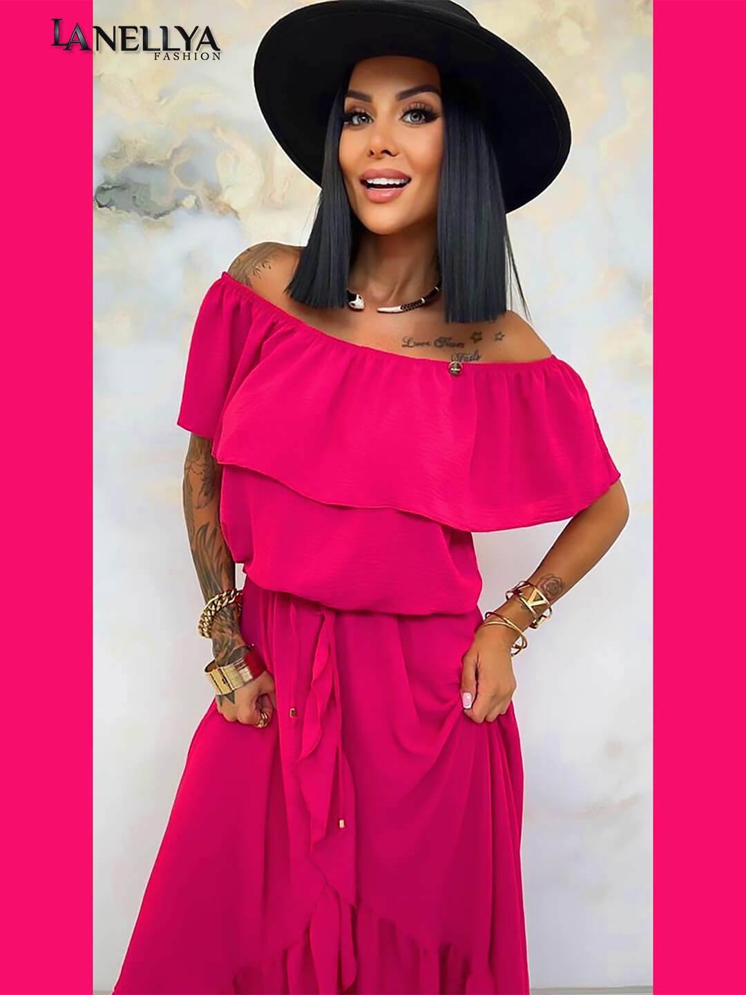 Lola Bianka Damen Kleid Pink Off-Shoulder mit Volant