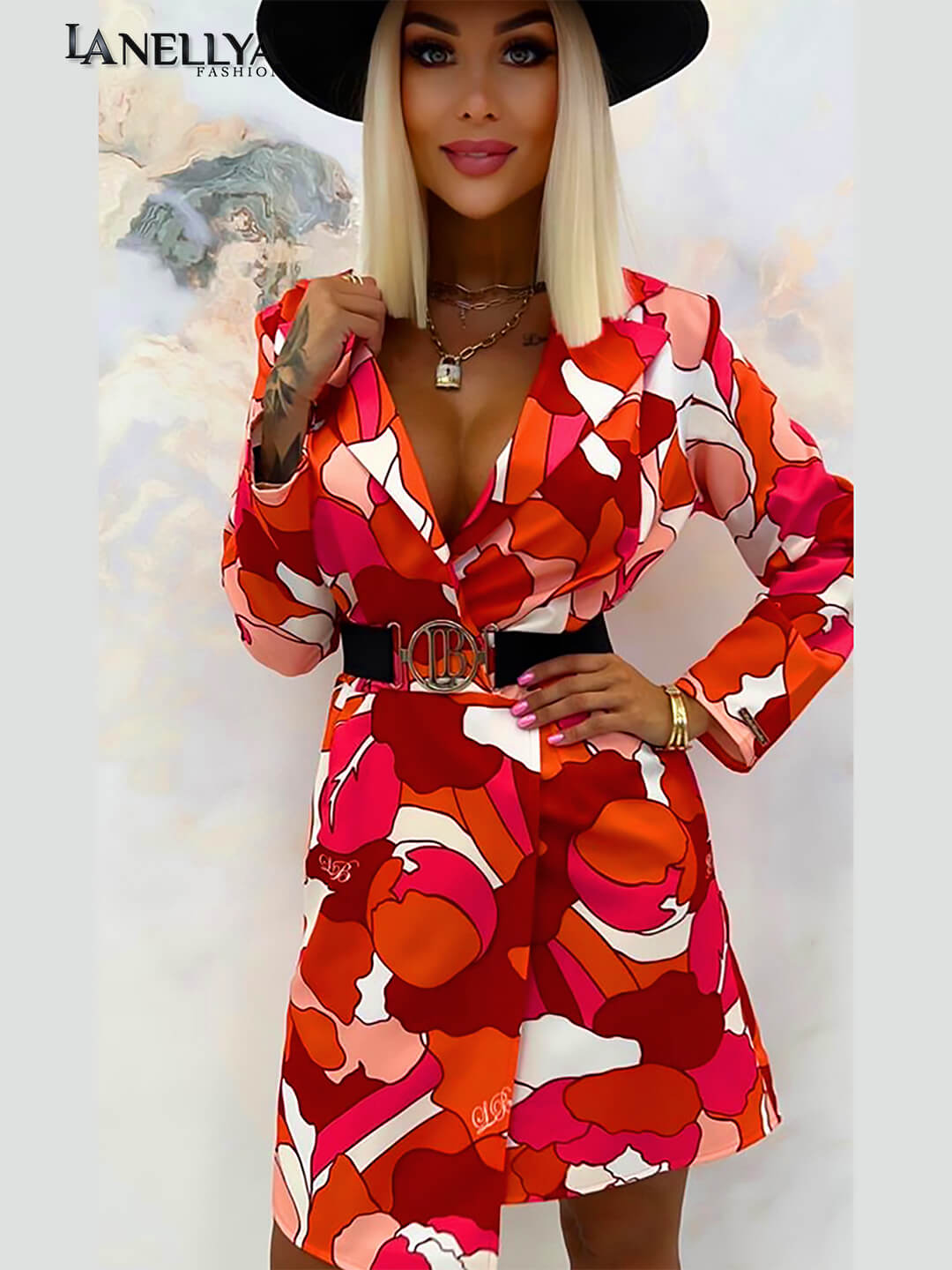 Lola Bianka Damen Kleid mit Allover-Print und Gürtel