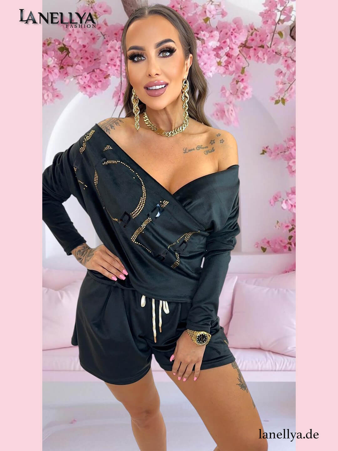 Lola Bianka Damen Set Schwarz Off Shoulder Top Shorts Glam Print