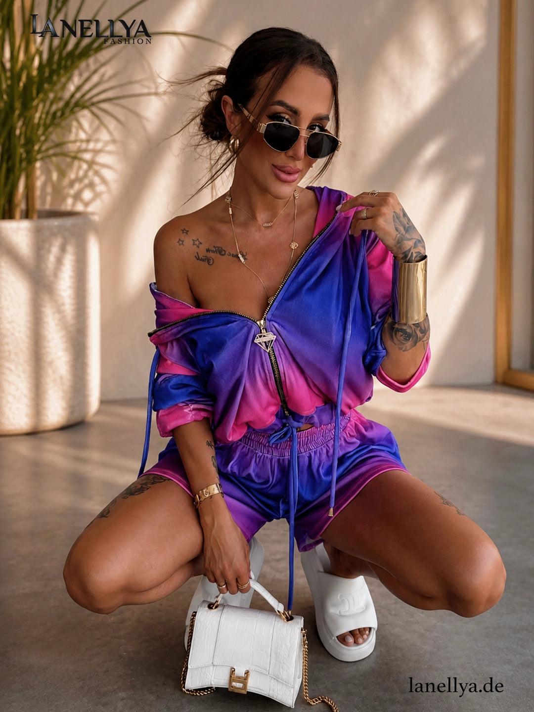 Lola Bianka Damen Set bunt Zweiteiler Hoodie Shorts