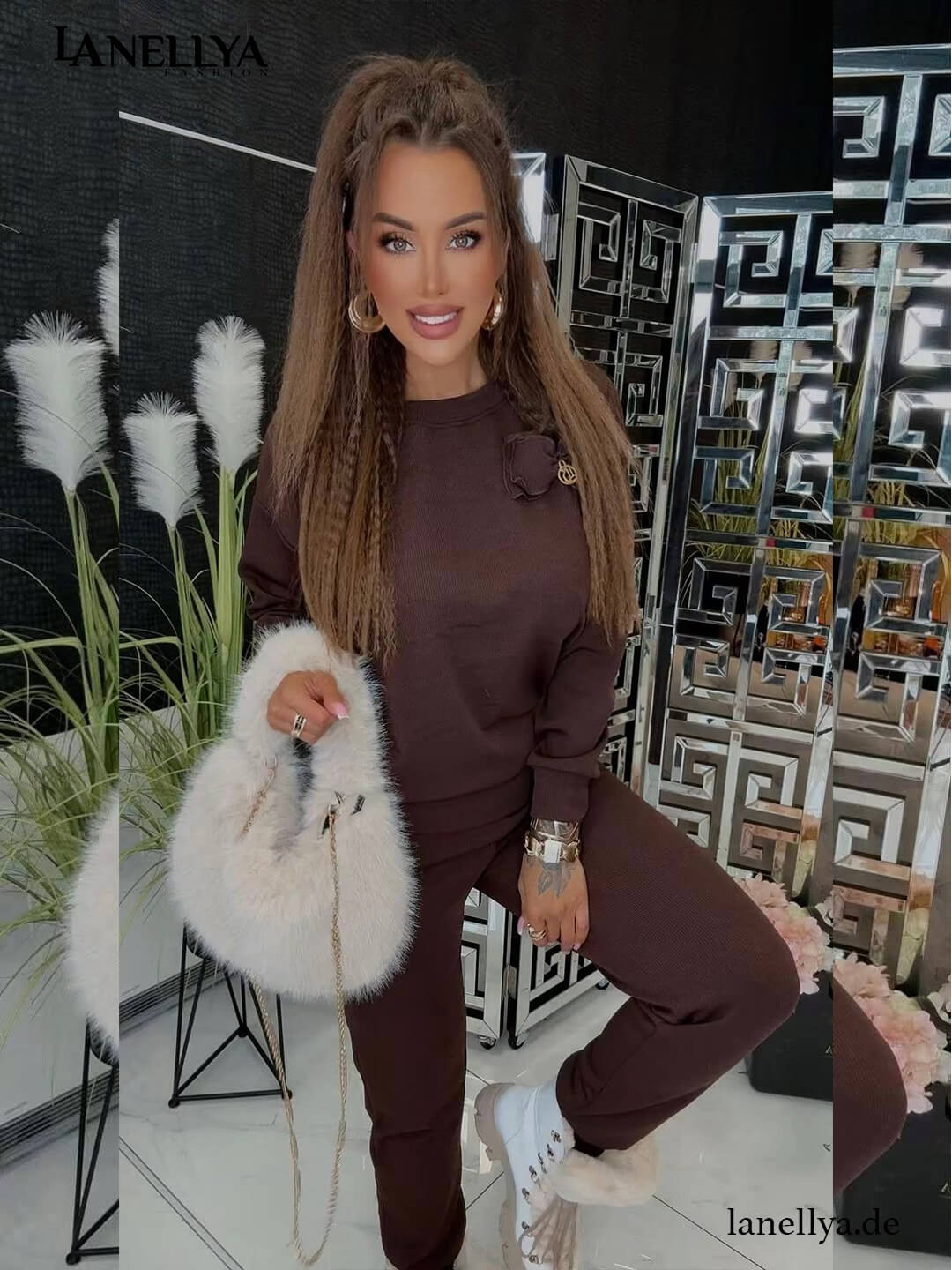 Lola Bianka Damen Zweiteiler Set Dunkelbraun Sweatshirt und Hose