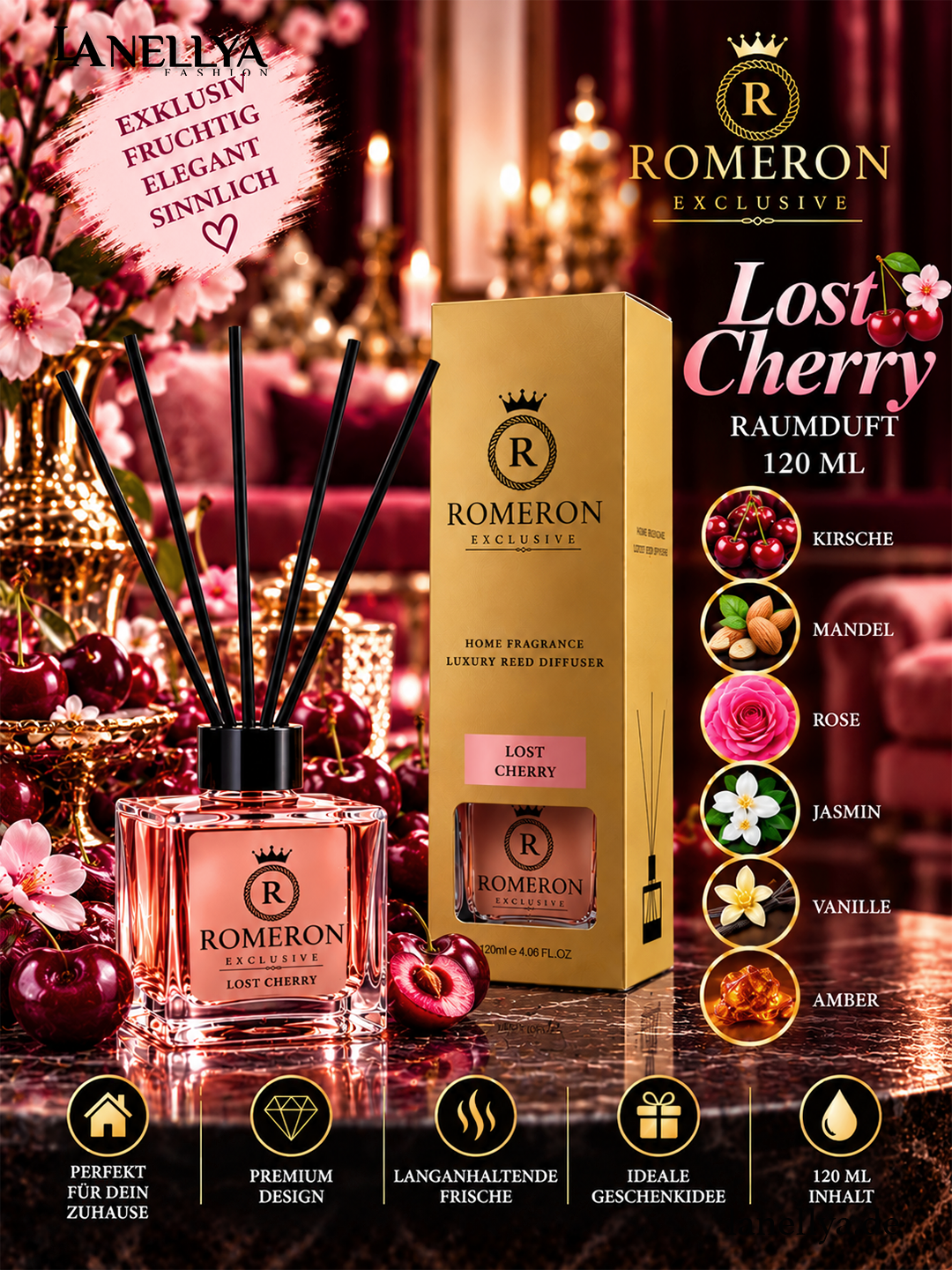 ROMERON Lost Cherry Raumduft 120 ml – Luxury Reed Diffuser