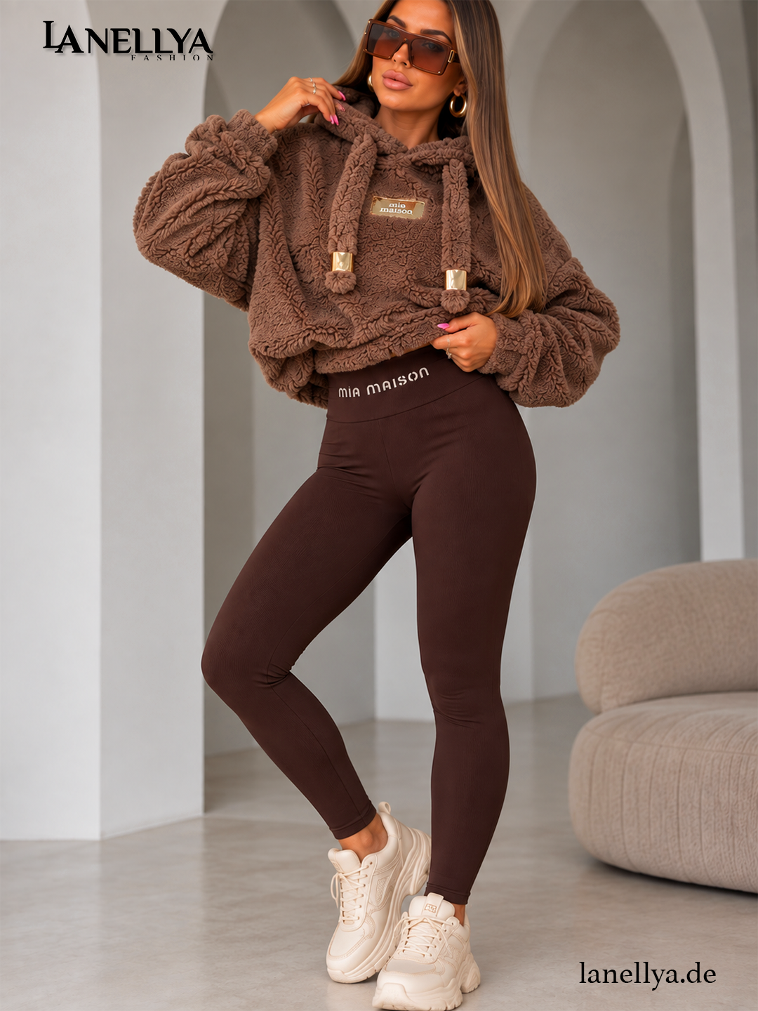 Mia Maison Damen Leggings Braun High Waist mit feiner Rippstruktur