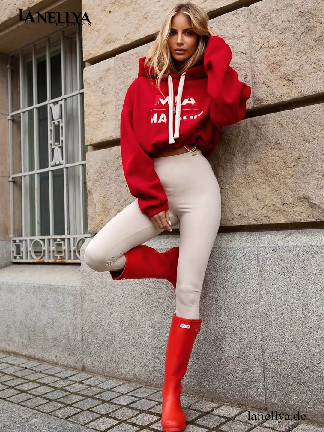 Mia Maison Damen Sweatshirt Rot Cropped mit Kapuze und Frontprint