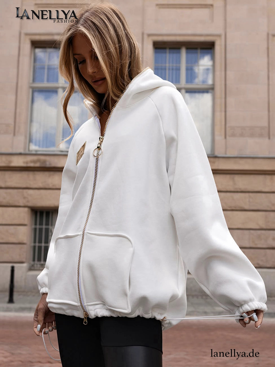 Mia Maison Damen Sweatshirt Weiß als Zip Hoodie mit Kapuze und Reißverschluss
