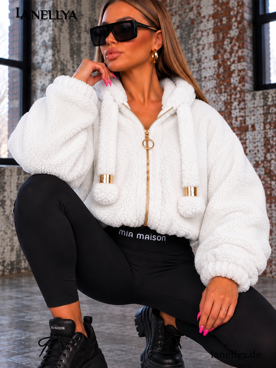 Mia Maison Damen Sweatshirt Weiß flauschig mit Kapuze S–XL