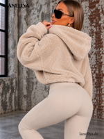 Mia Maison Damen Teddy - Pullover Beige Oversize mit Kapuze Universalgröße S XL