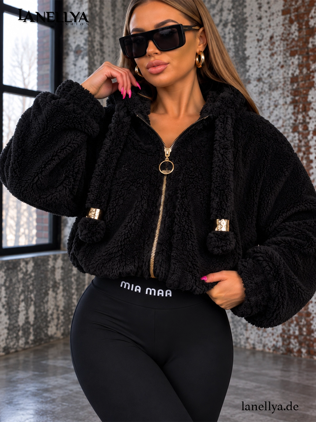 Mia Maison Damen Teddy Sweatshirt Schwarz mit Kapuze und Reißverschluss