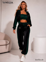 Milla Rossi Damen 3-teiliges Set Schwarz Grün mit Top Sweatshirt und Hose