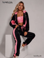 Milla Rossi Damen 3-teiliges Set Schwarz Pink mit Top Kapuzenjacke und Hose