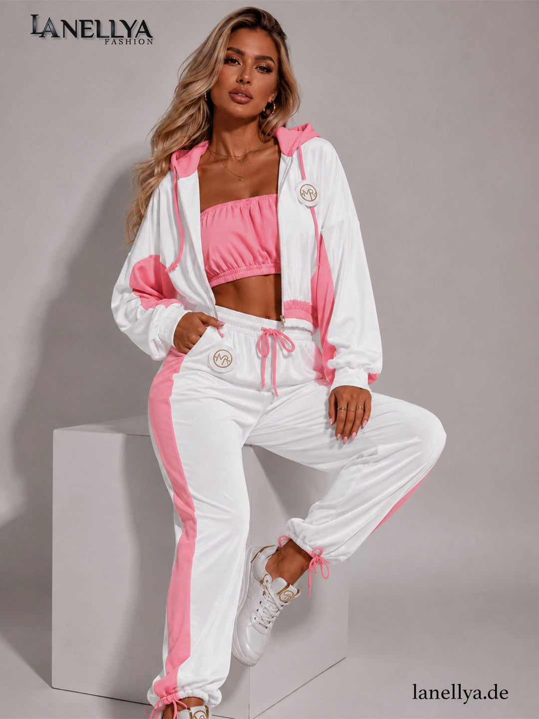 Milla Rossi Damen 3-teiliges Set Weiß Pink mit Top Kapuzenjacke und Hose