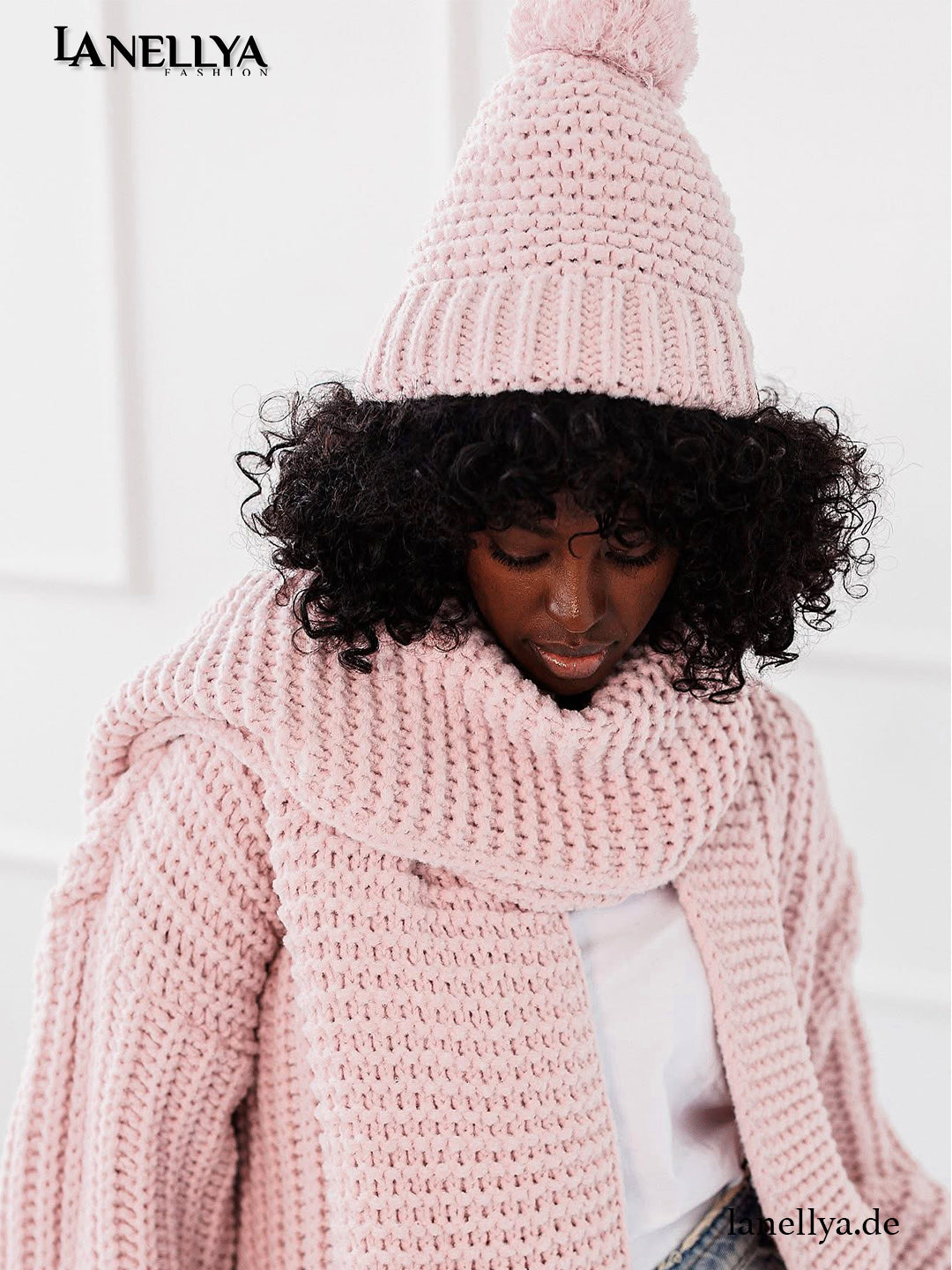 Miss City Damen Mütze und Schal Set rosa grob gestrickt