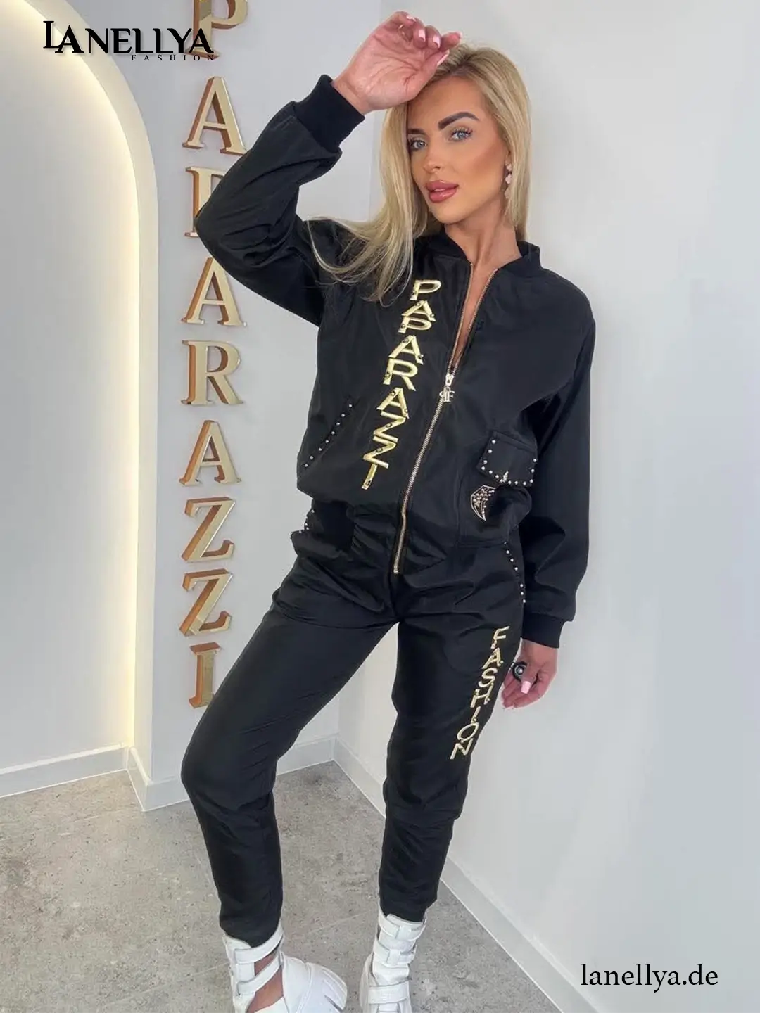 Paparazzi Damen Komplett Set – Schwarzer Zweiteiler mit Gold-Details