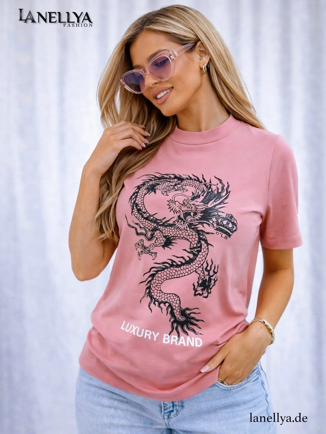 Modernes Damen T-Shirt in Nude mit asiatischem Drachenprint